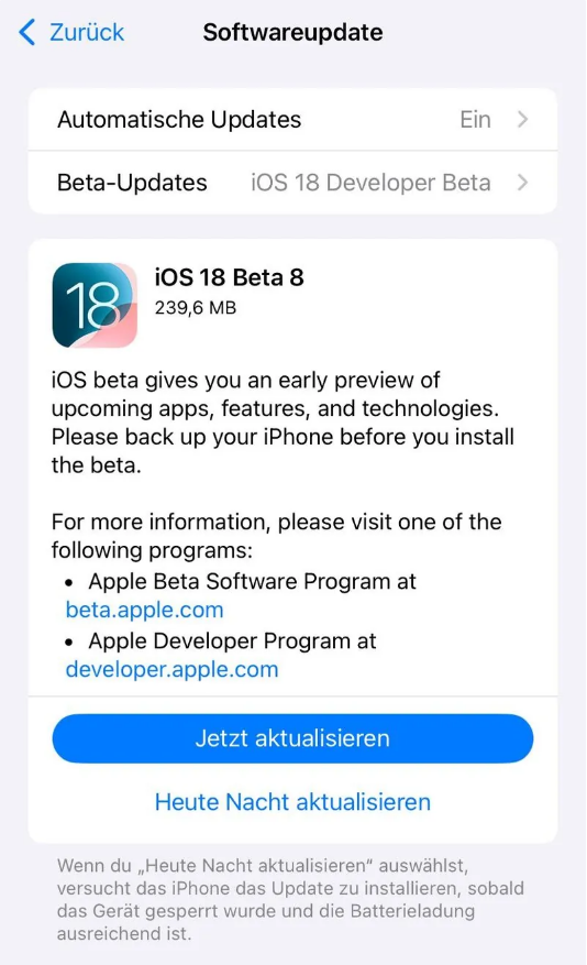 渭城苹果手机维修分享苹果 iOS / iPadOS 18 开发者预览版 Beta 8 发布 